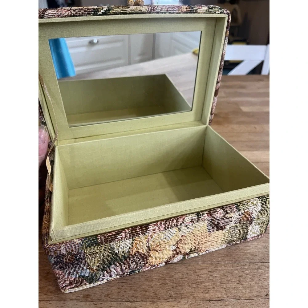 Vtg Fabric covered Jewelry Box Floral Mirror Tapestry Chest Grandma Core Cottage
